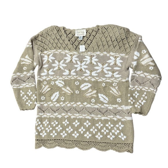 VTG HandKnit Embroidered Floral Sweater Cottagecore Crochet Trimmed Knitwear M